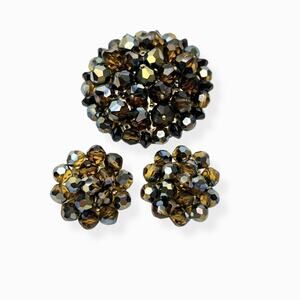 Vintage Brooch And Cluster Clip Earrings Brown AB Rhinestones Beads Gold Tone